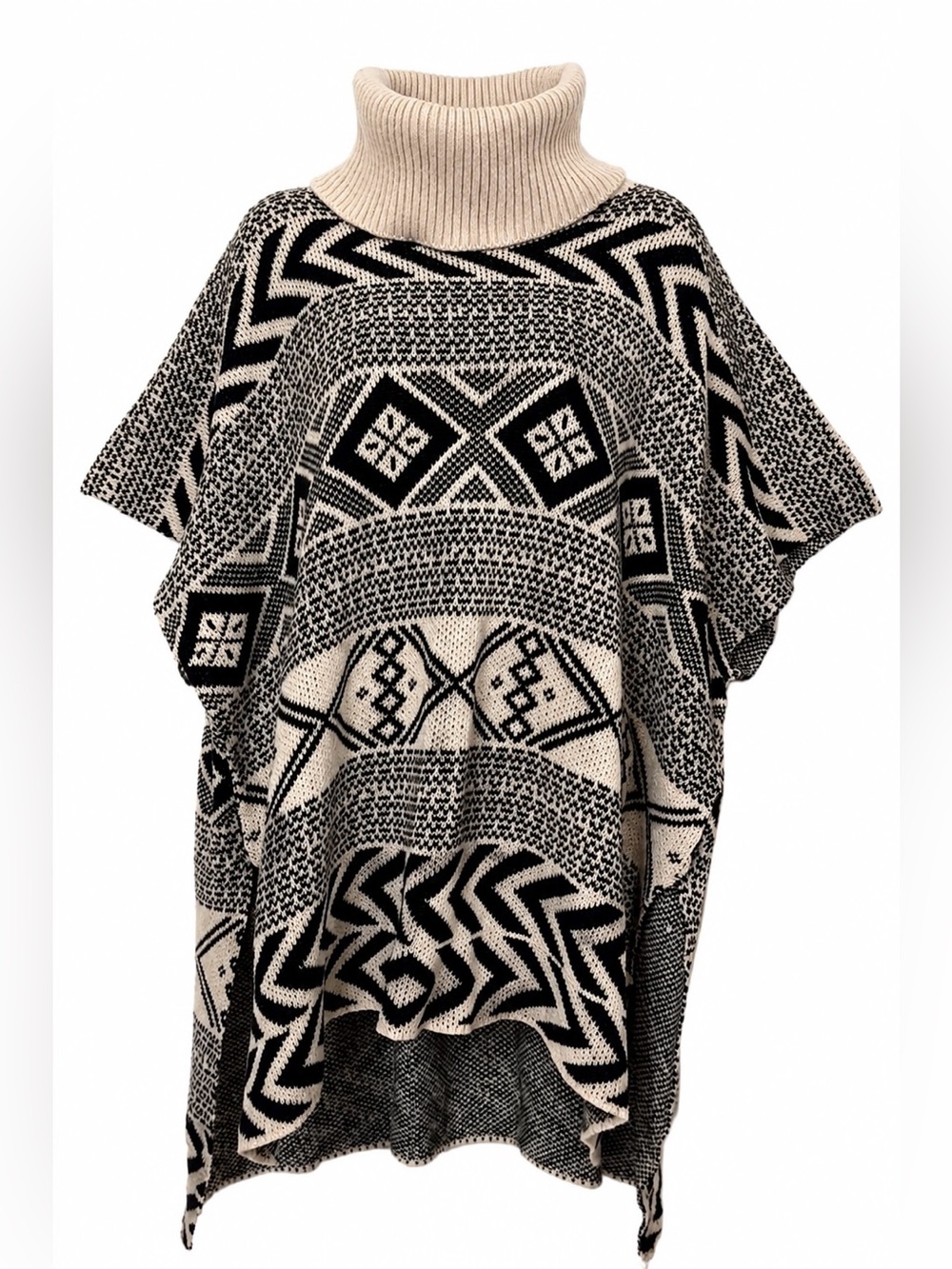 Women’s Black/Beige Geometric Knit Turtleneck Poncho Sweater Size OS